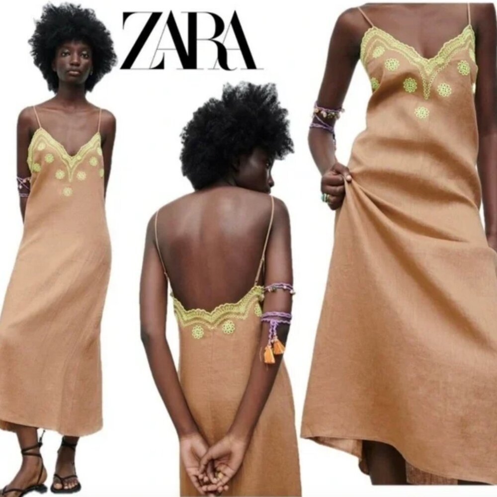 Zara Linen Embroidered Spaghetti Strap V-neck Boho Bohemian Midi Dress XS